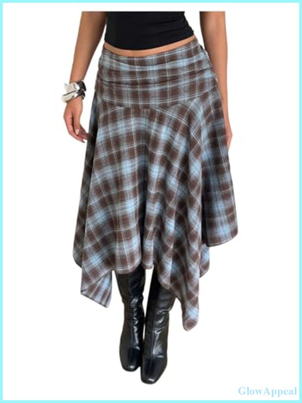 Plaid Midi Skirt Asymmetrical Ruffle Hem Low Rise Flowy Y2k Casual